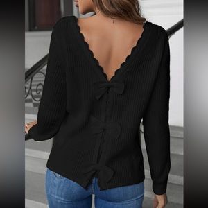 Shein Frenchy Contrast Guipure Lace Bow Back Eyelet Detail Sweater, Black, L